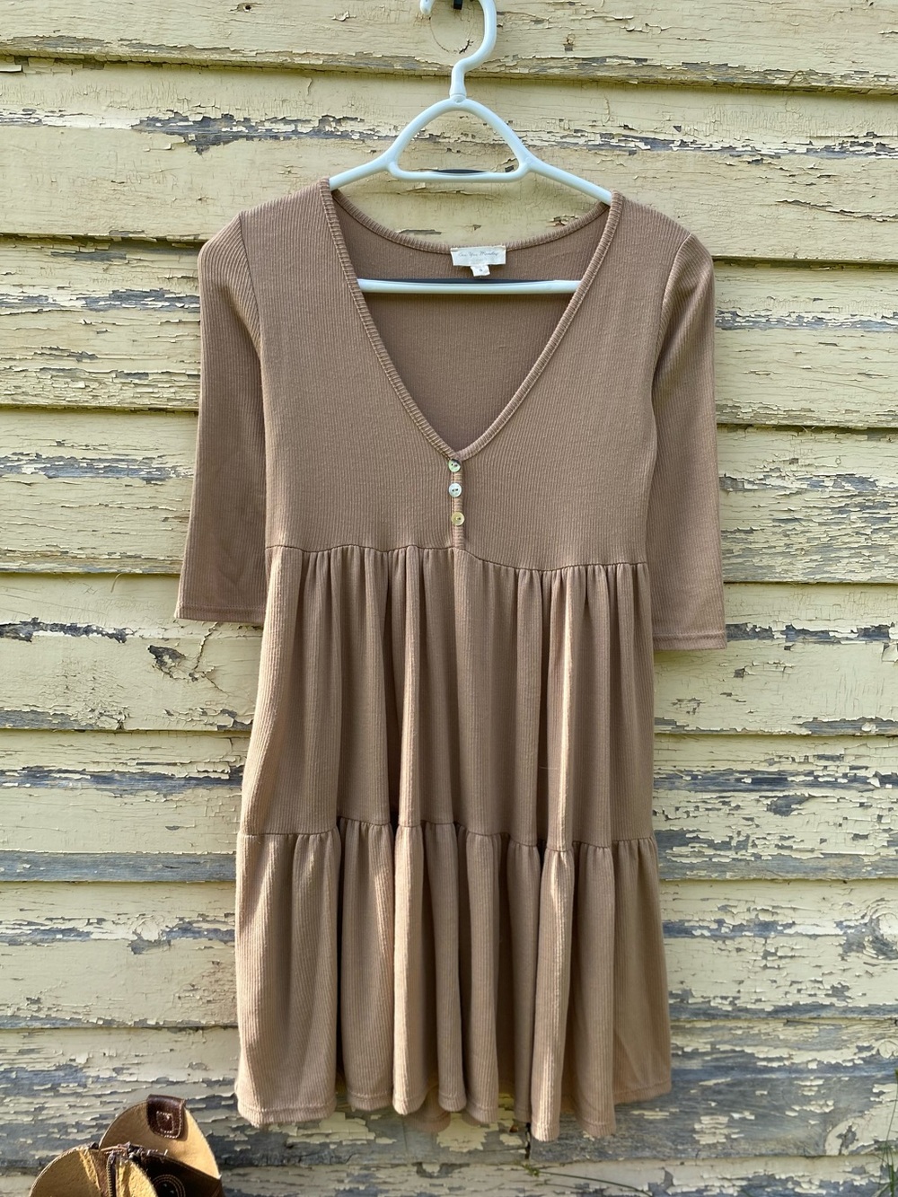 Taupe V-Neck Tiered Tunic with Button Detail